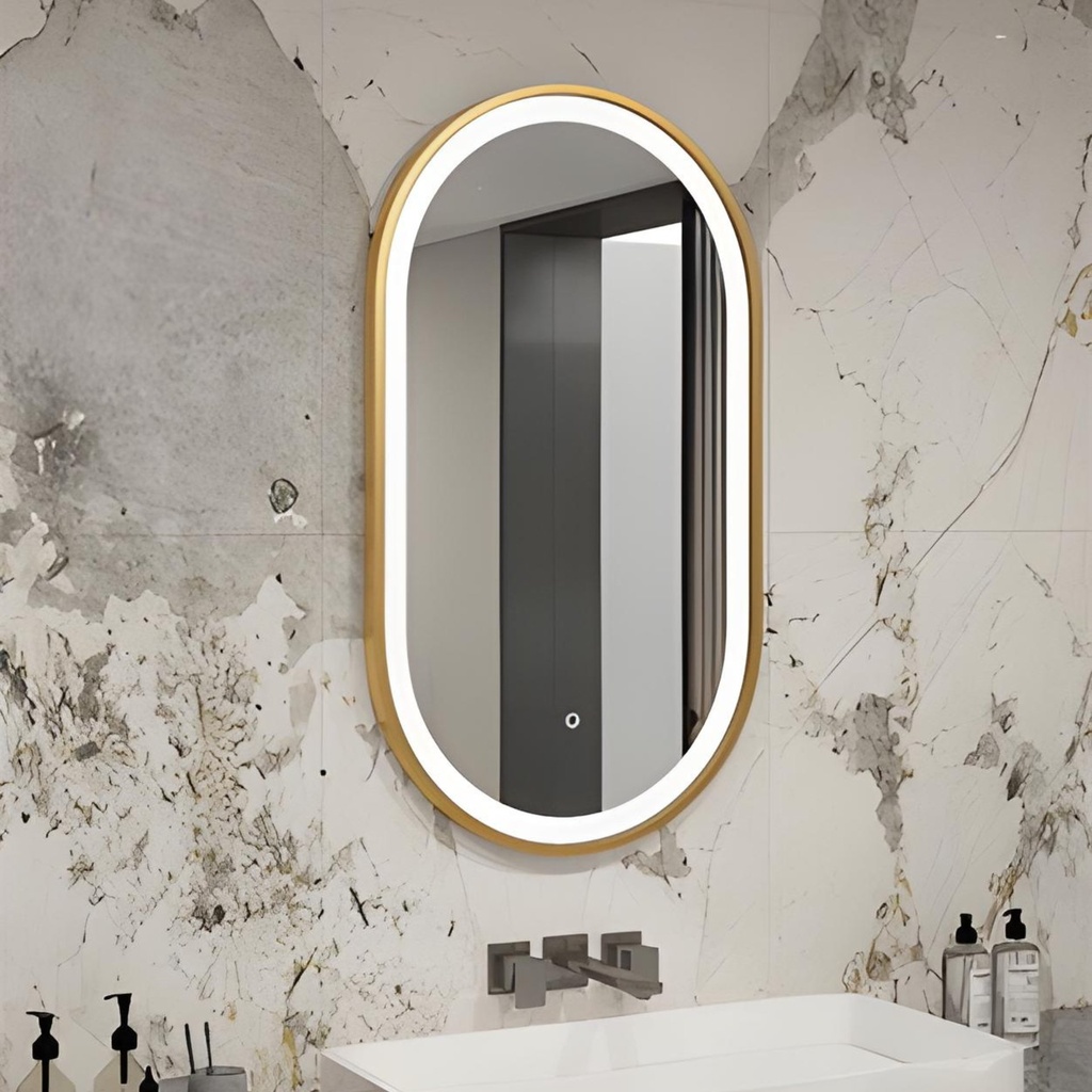 Miroir LED Ovale Premium 80×50 cm – Cadre en Aluminium Doré (Vertical)