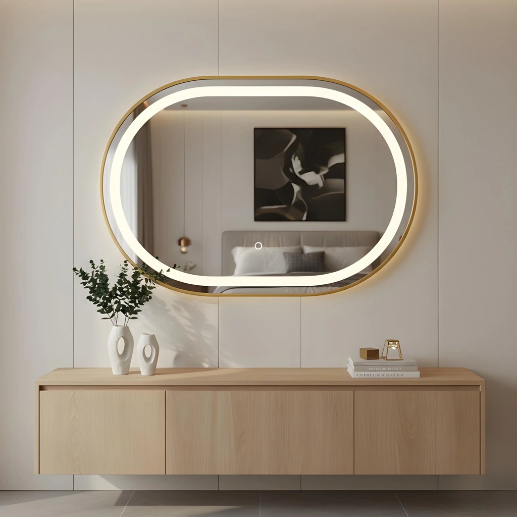 MIROIR LED OVALE 80×60 CM – CADRE EN ALUMINIUM DORÉ (HORIZONTAL)