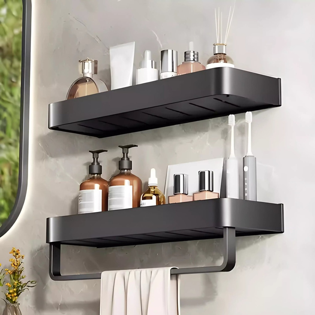 Kit Etagere Murale 2 Niveaux en Aluminium Noir Avec Porte Serviette