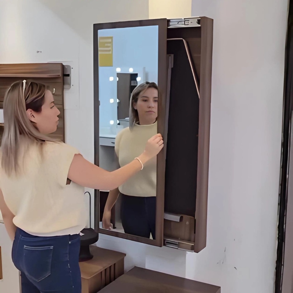 Meuble Mural avec Miroir & Planche à Repasser Intégrée – Finition Bois Noyer