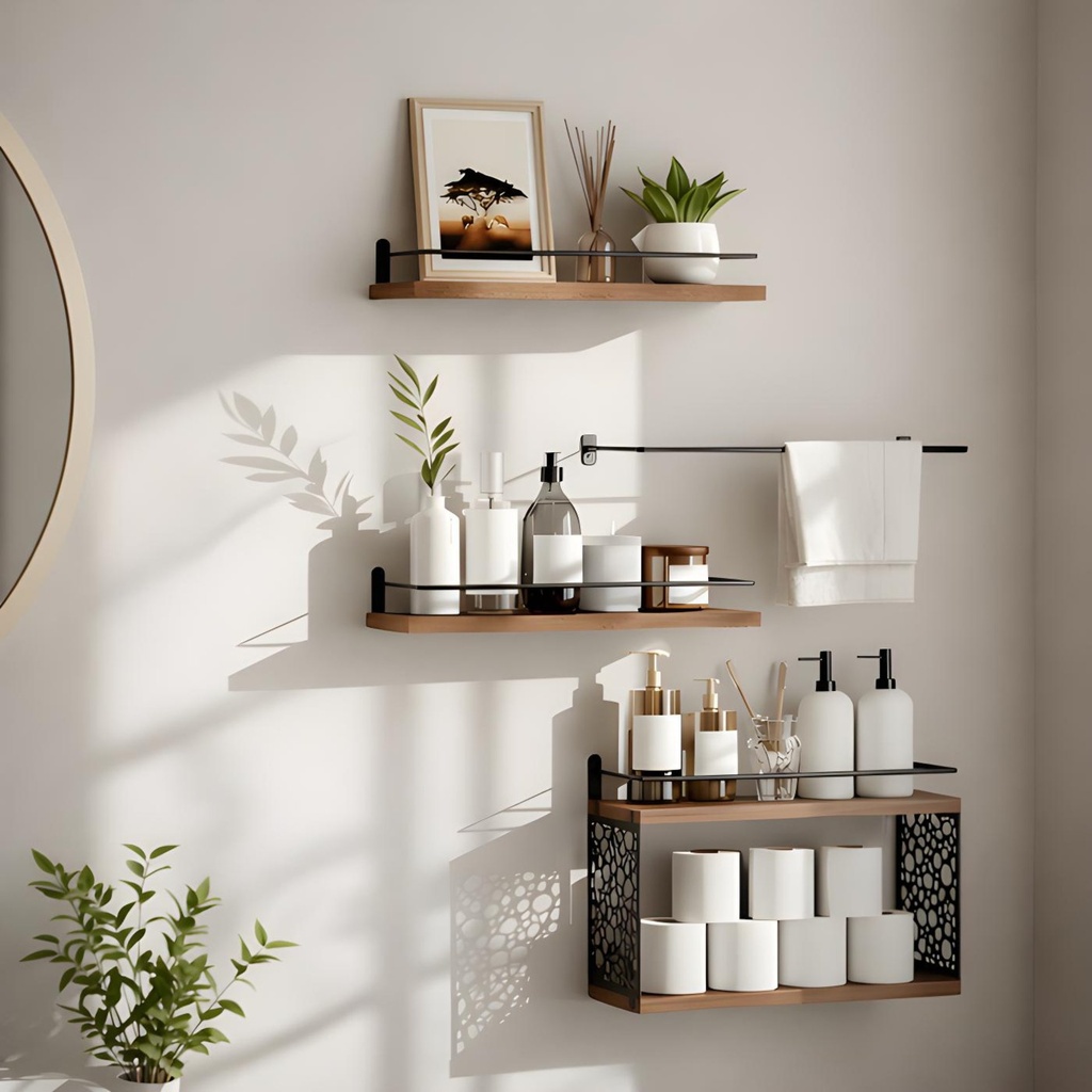 Ensemble Etagere Murales  Design Cercle Bois & Métal avec Porte-Serviette