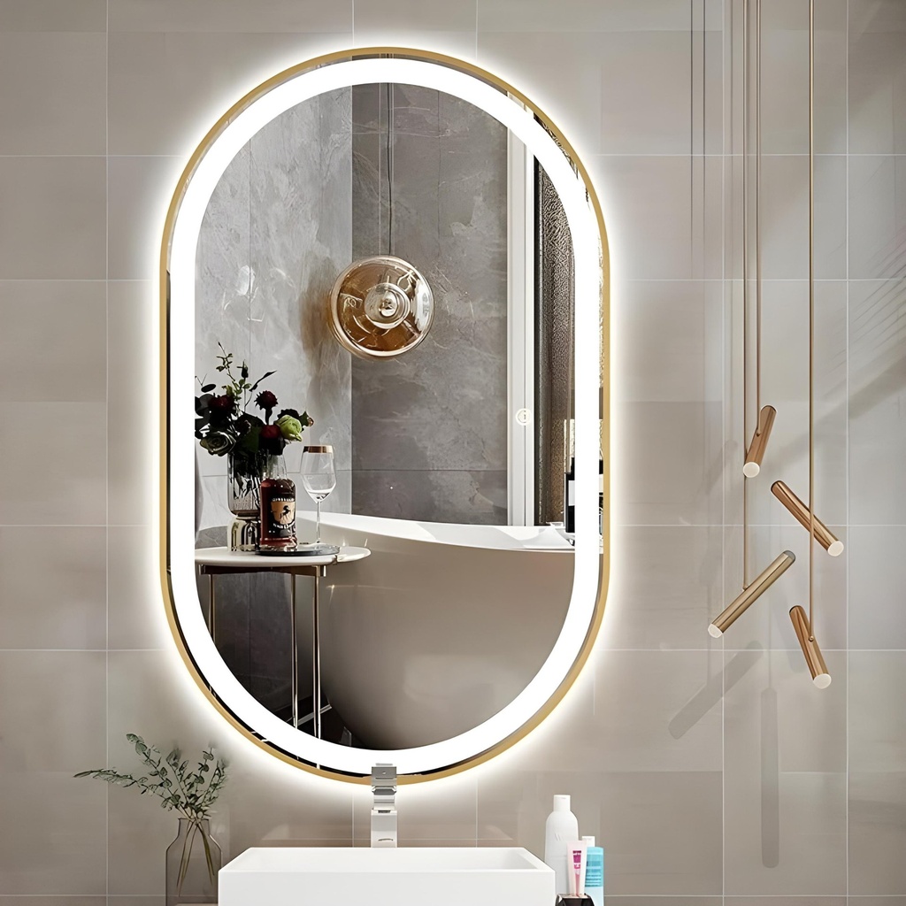 Miroir LED Ovale 80×60 cm – Cadre en Aluminium Doré