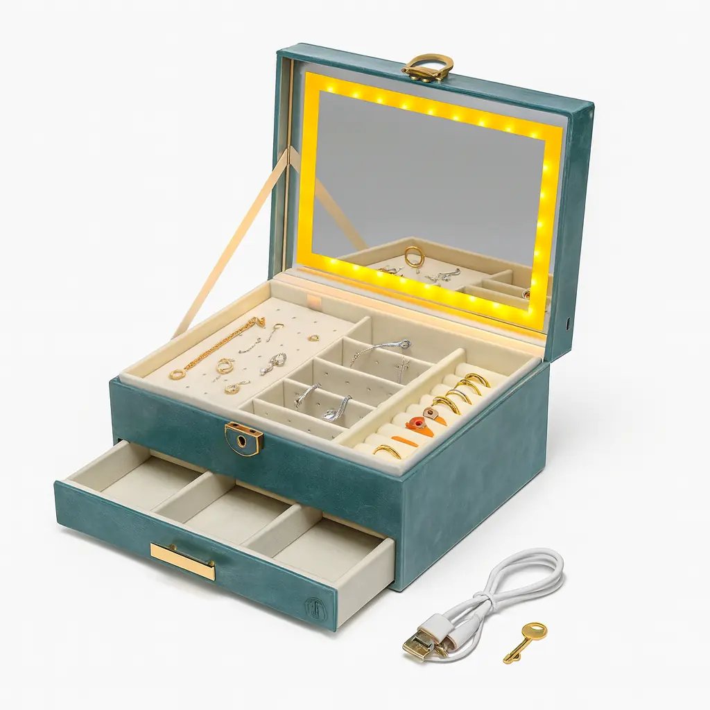 Boîte à Bijoux LED Vert Émeraude – Luxe & Organisation