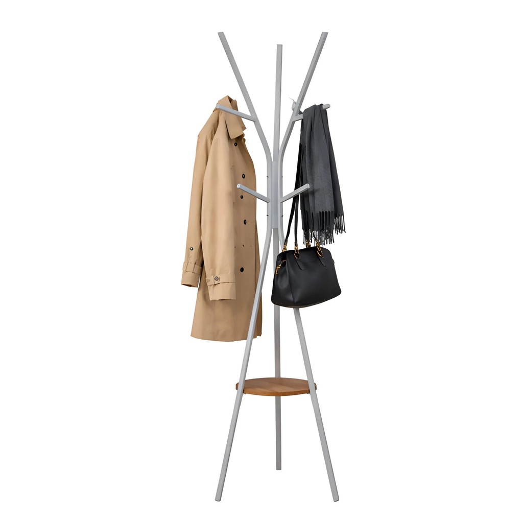 Porte-manteau Arbre Gris en Métal avec Étagère en Bois