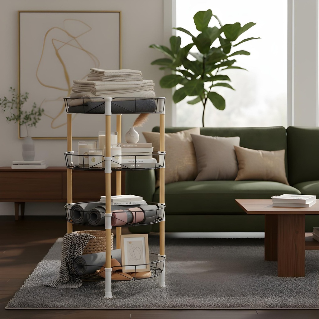 Etagère d’Angle 4 Niveaux – Structure Metal & Finition Bois