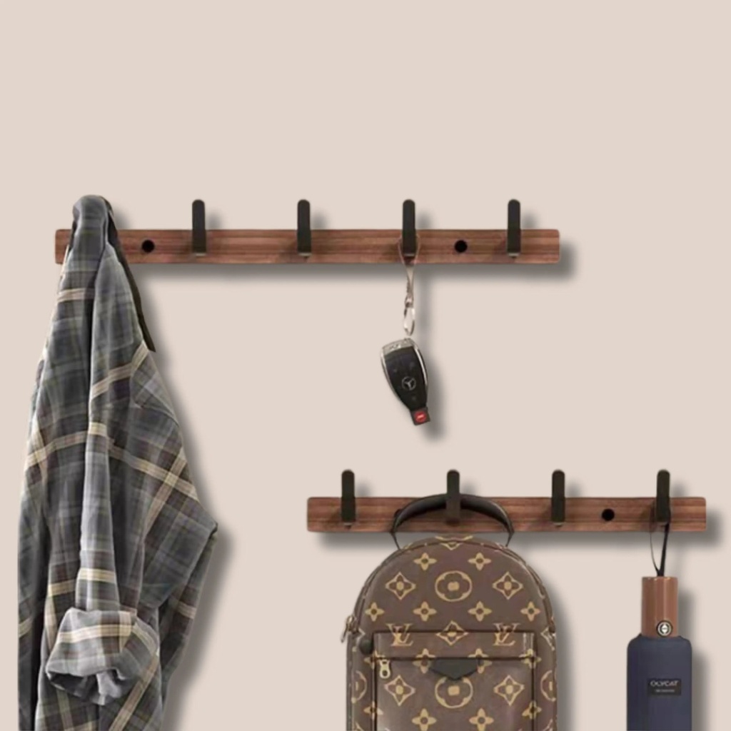 Porte-Manteaux Mural Bois & Aluminium Noir – 4 Crochets