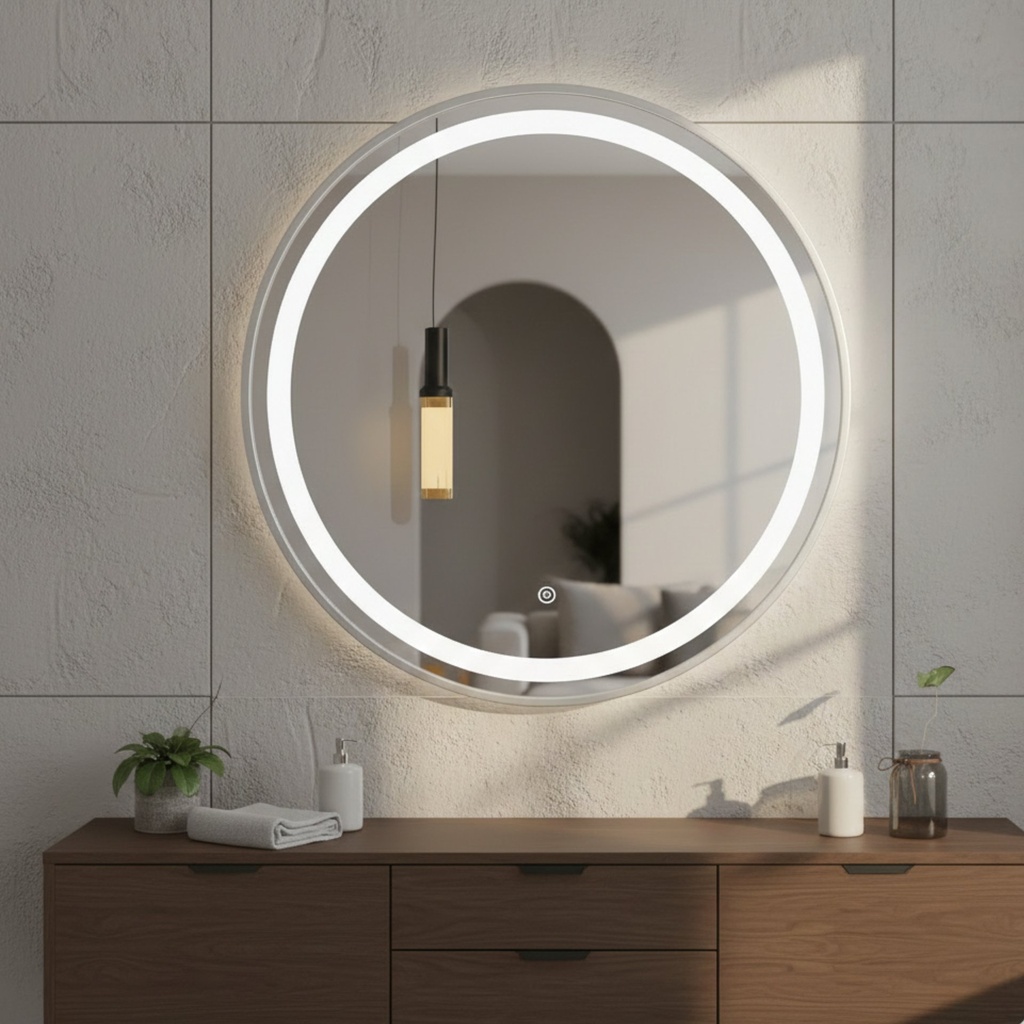 Miroir LED Rond Ø50 cm – Cadre Aluminium Gris