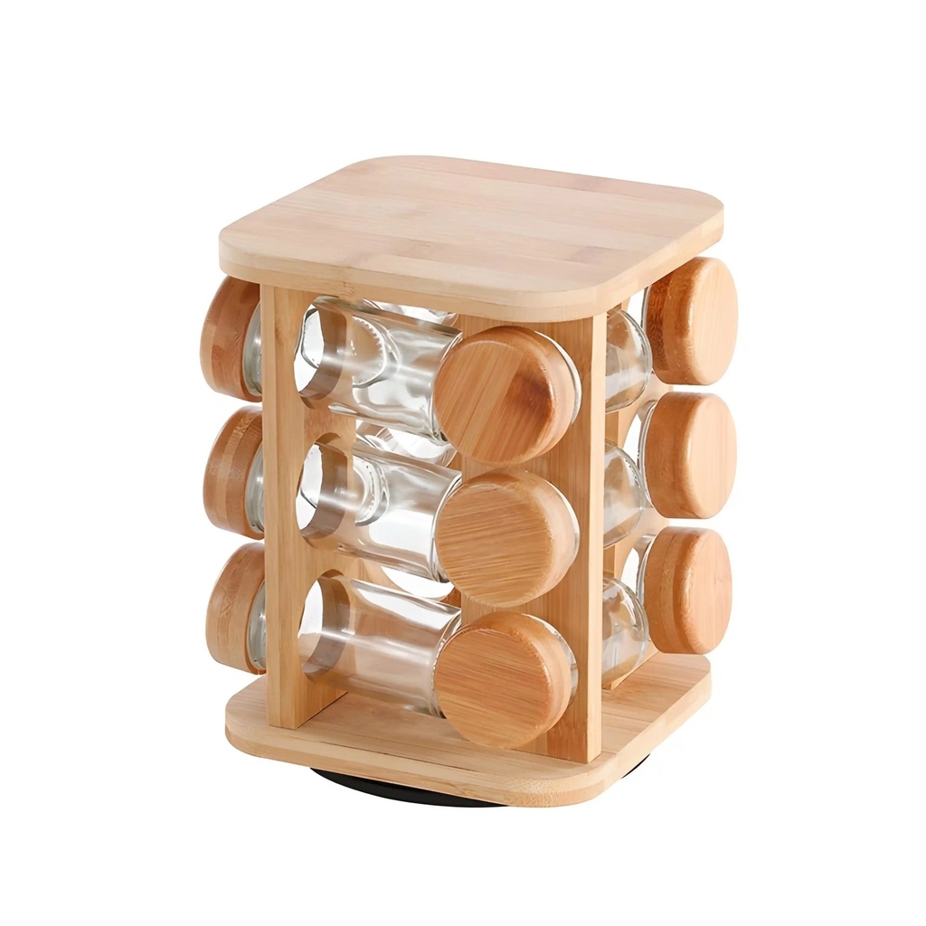 Porte Epices Pivotant Carre - 12 Pots en Verre