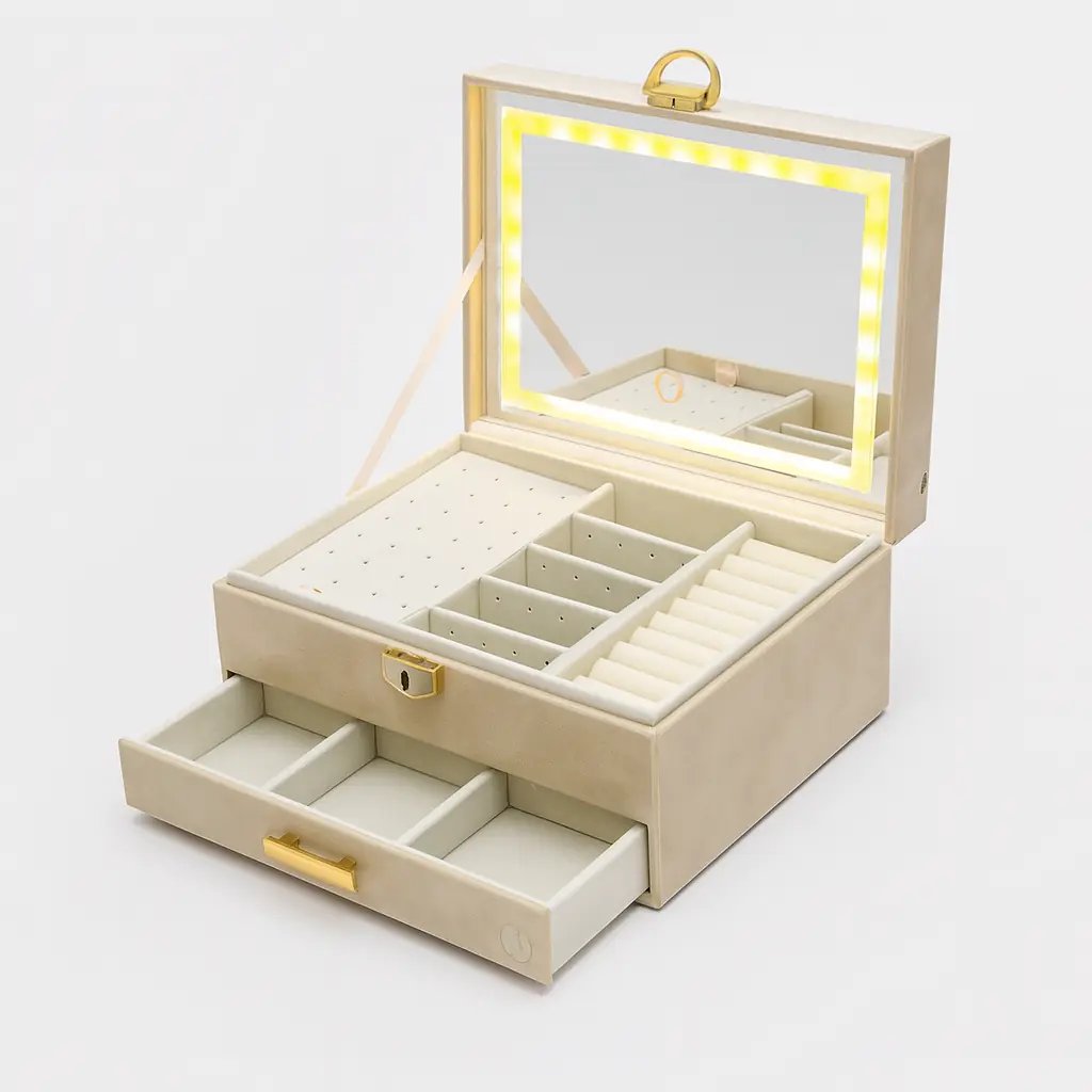 Boîte à Bijoux LED Beige – Luxe & Organisation