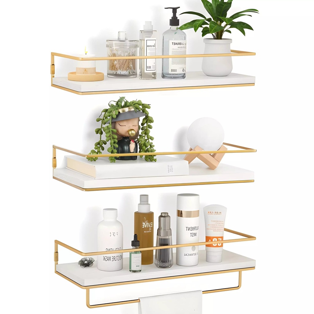 Kit De 3 Etageres Murales Modernes Dore/Dore Bois & Metal