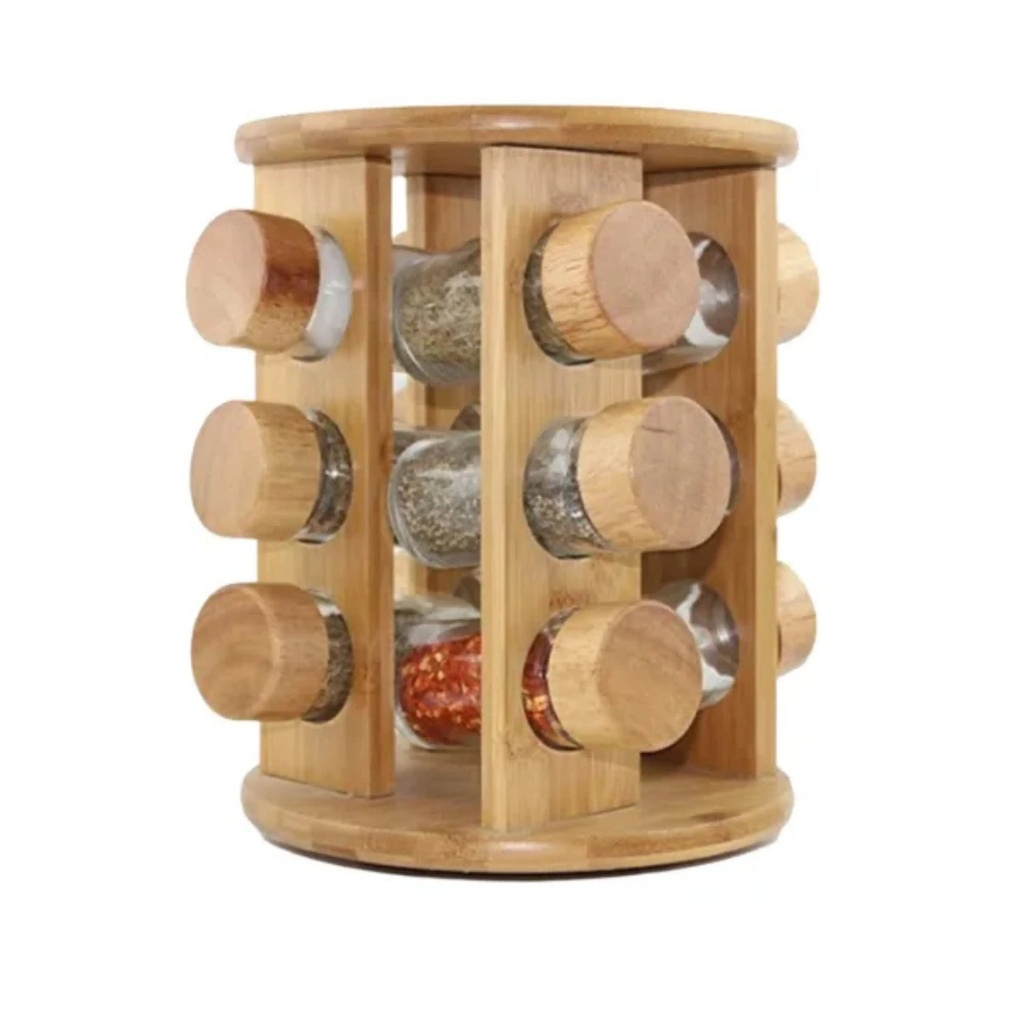 Porte Epices Rotatif en Bois Rond – 12 Pots en Verre