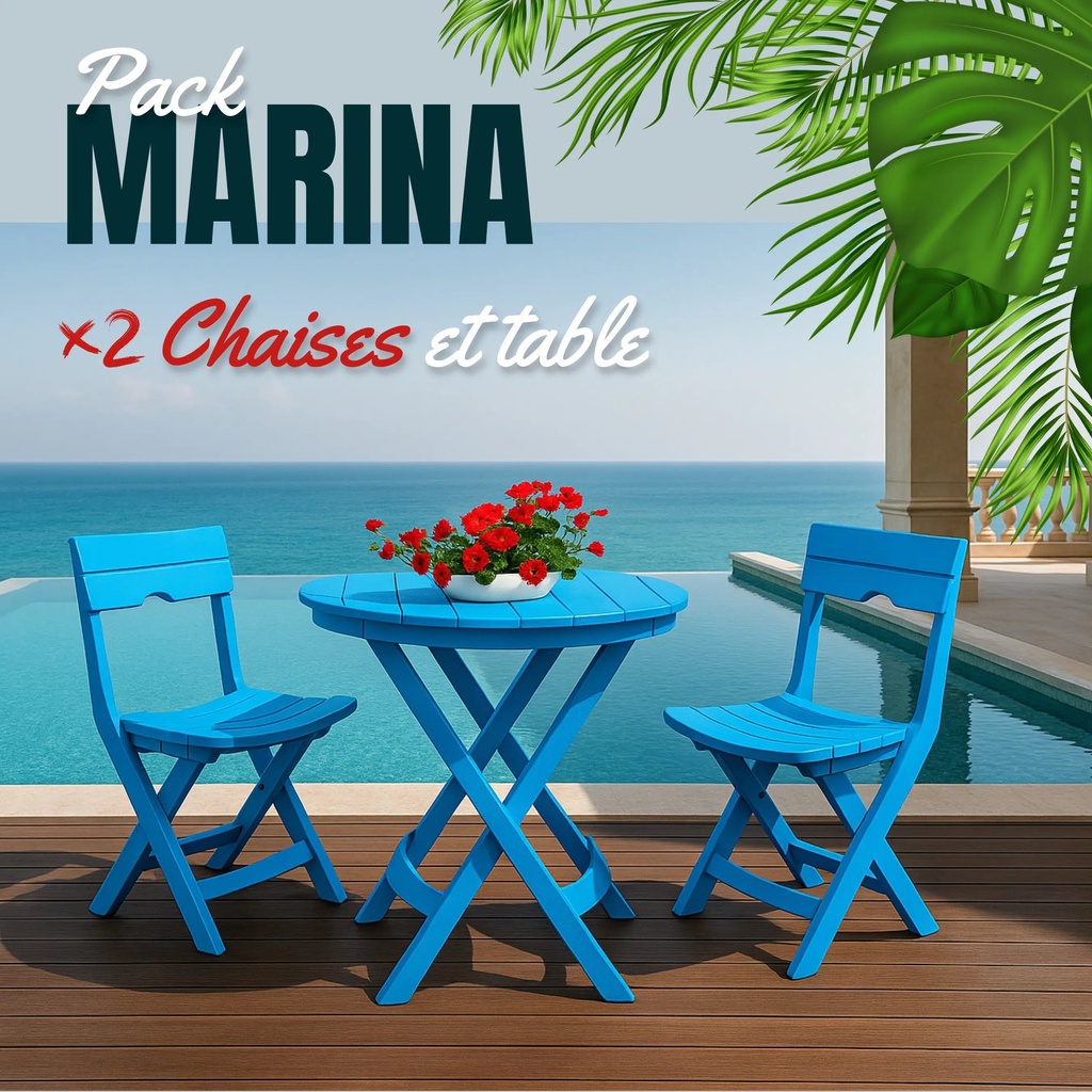 Pack Marina – Table + 2 Chaises (Bleu)