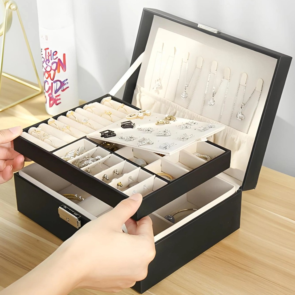 Boite a Bijoux en Simili Cuir Noir – Rangement Luxe Velours