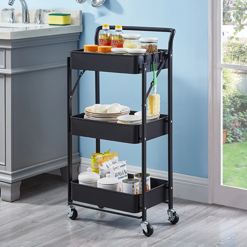 Chariot de Rangement Pliable ROLLYX 3 Niveaux – Métal Noir