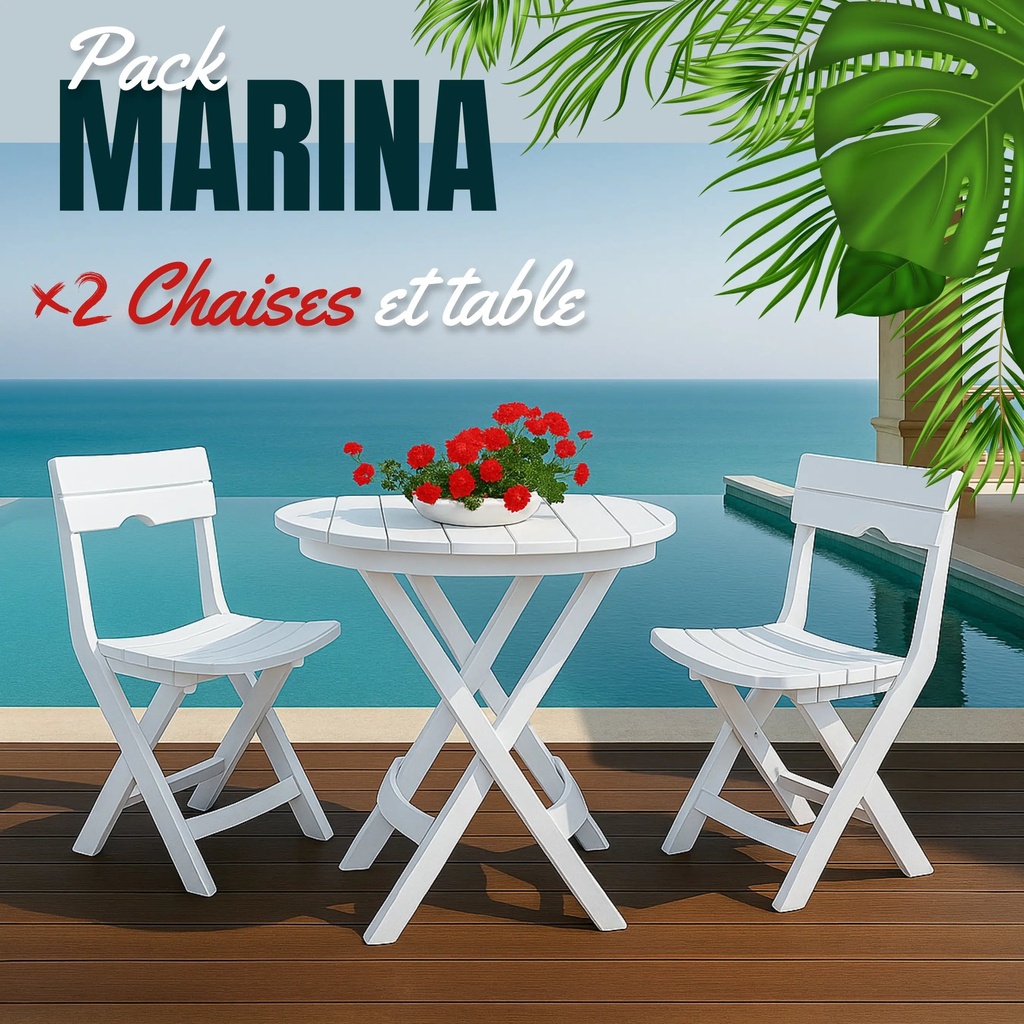 Pack Marina – Table + 2 Chaises (Blanc)