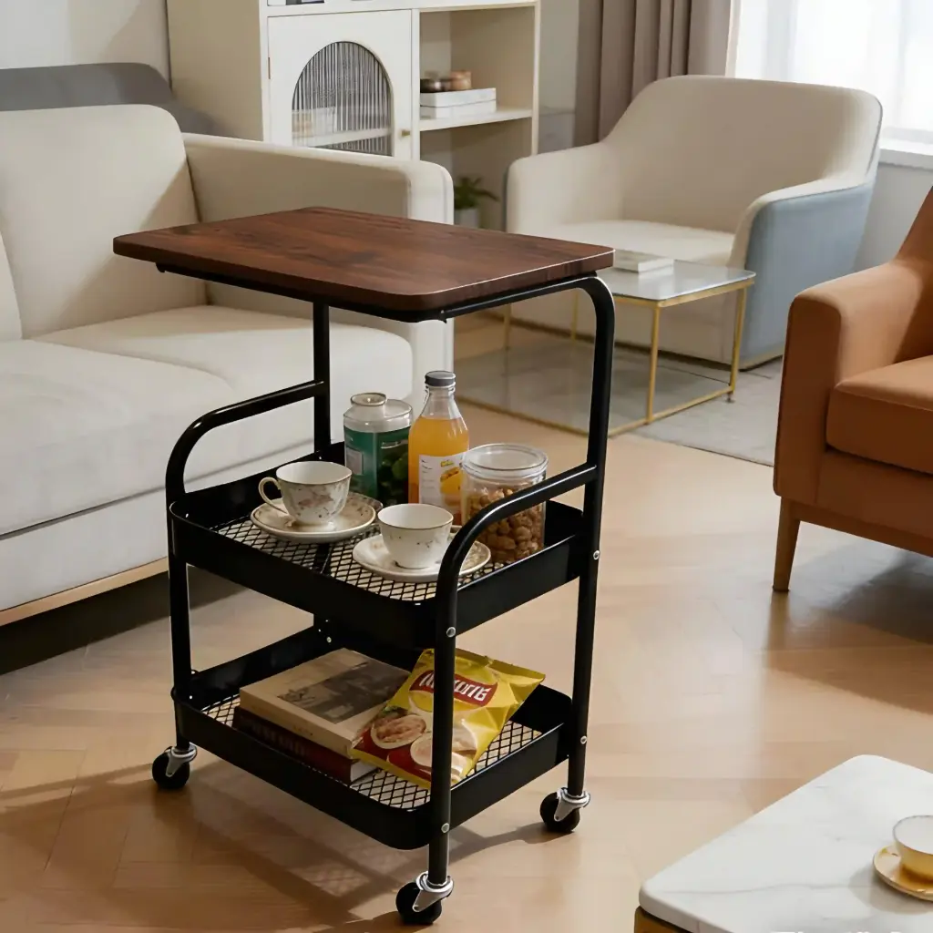 Chariot de Rangement 3 Niveaux Bois & Métal avec Roues