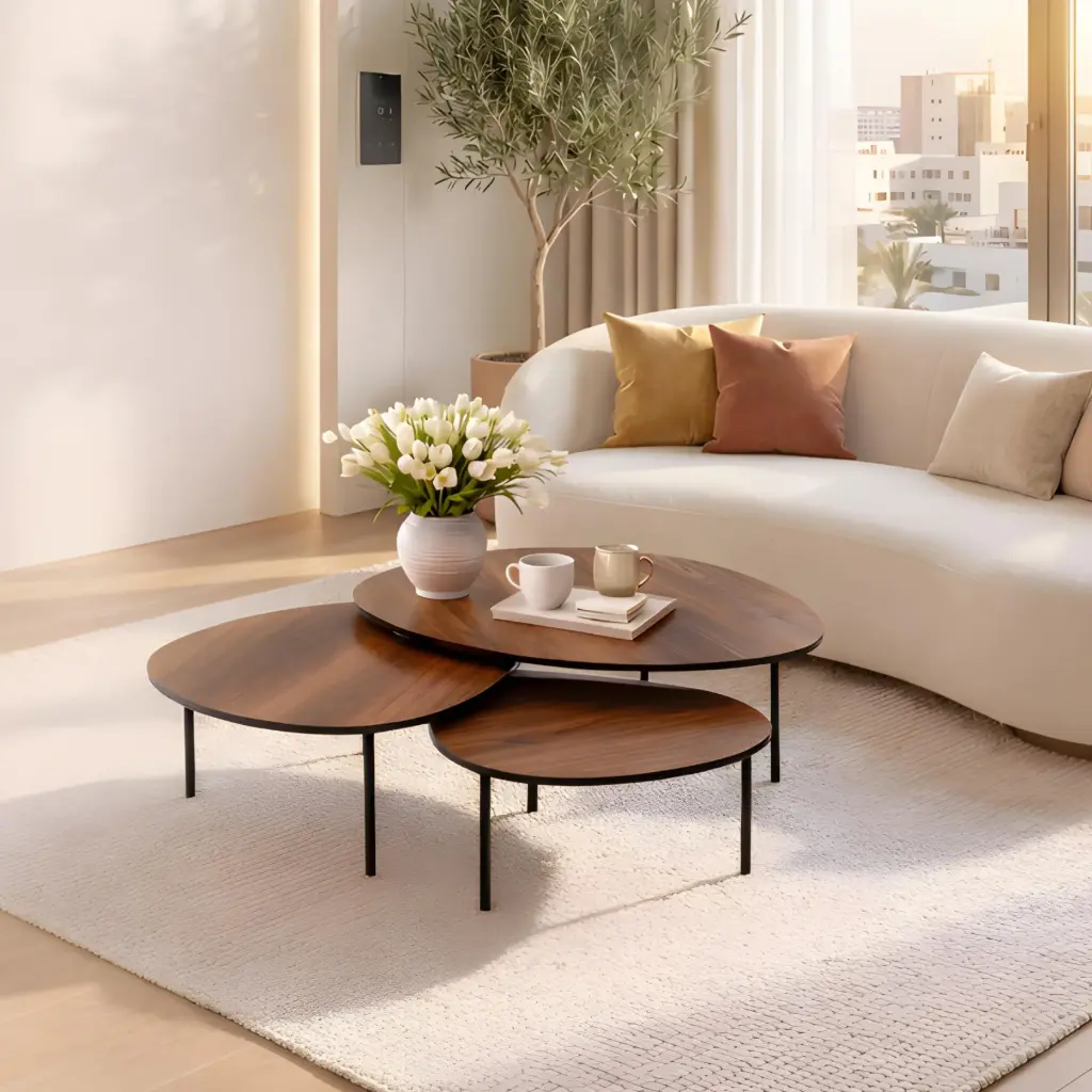 Trio Tables Basses Noyer Premium & Métal Noir