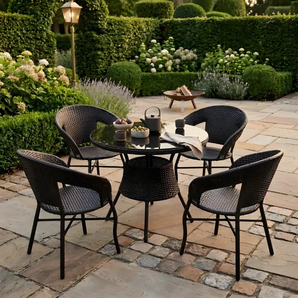 Ensemble Table Ronde et 4 Chaises en Rotin PE Noir – 60 cm