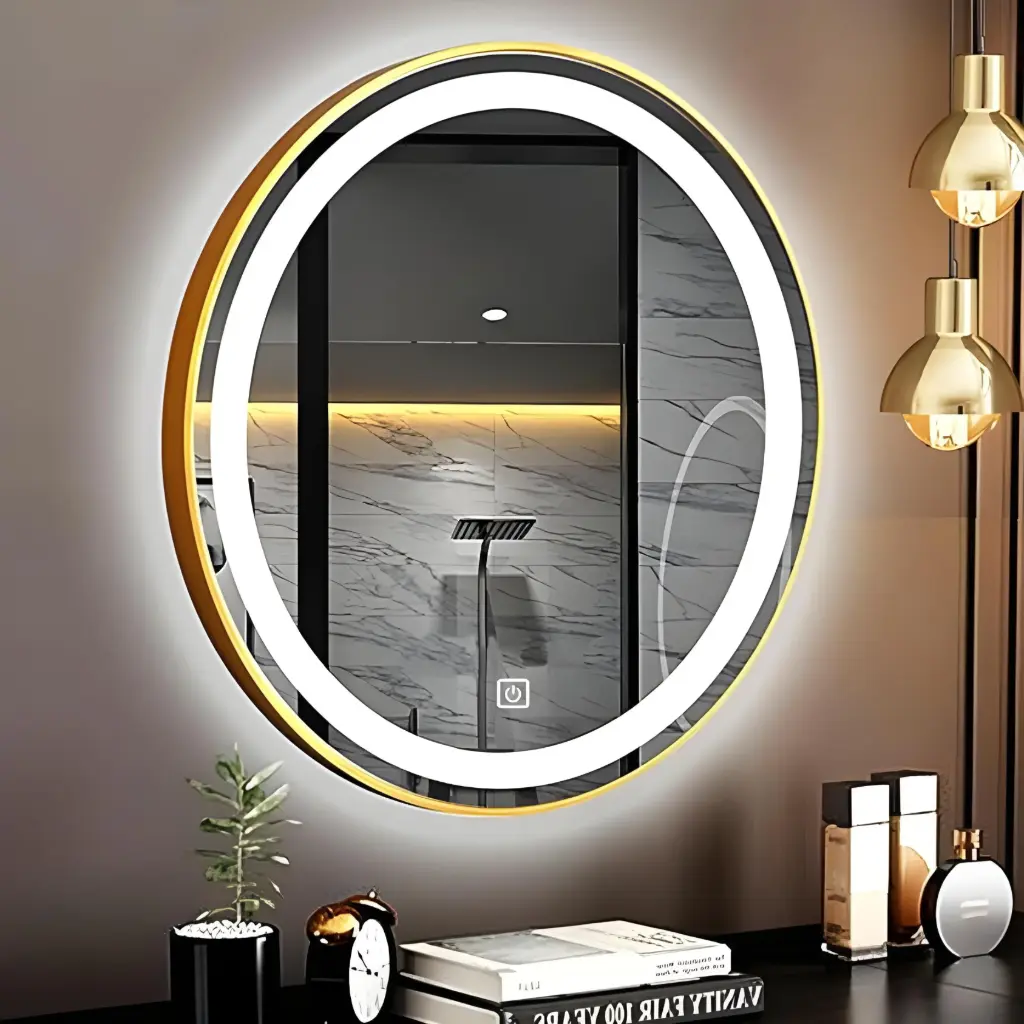 Miroir Rond LED 60CM – Cadre Aluminium Dore