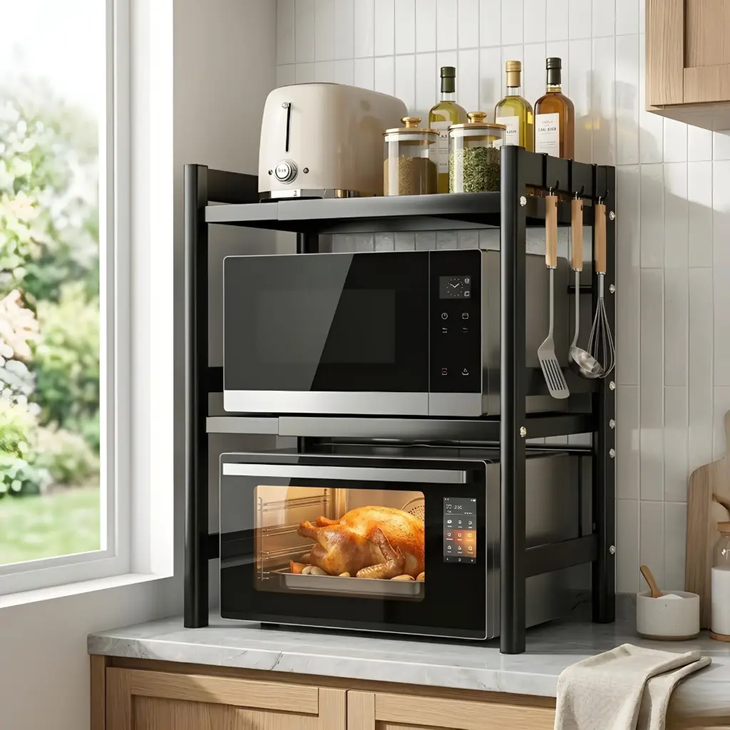 Support Four & Micro-Ondes 3 Niveaux Métal Noir