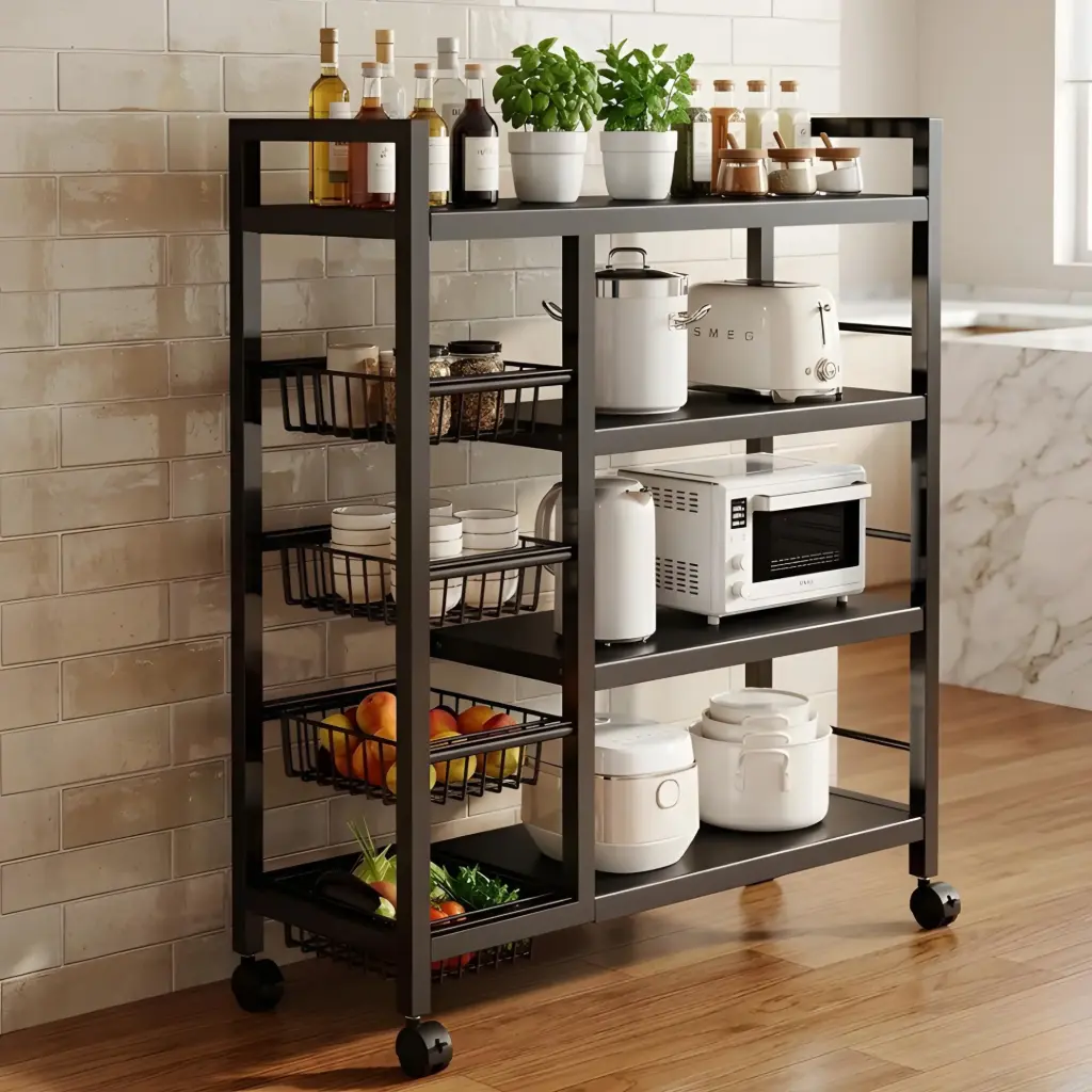 Etagere de rangement multifonction avec roulettes et paniers – 90×32×135 cm