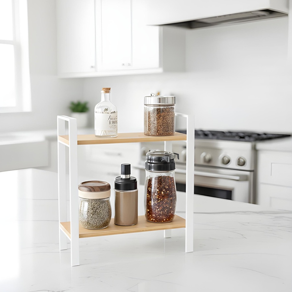 Etagere a Epices Combinable 2 Niveaux Blanc/Bois