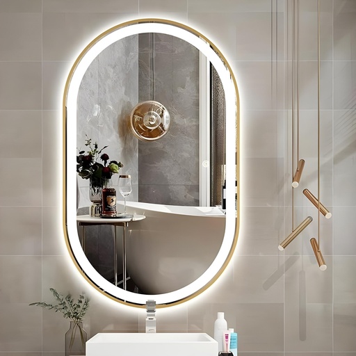 [ML-6080-AD] Miroir LED Ovale 80×60 cm – Cadre en Aluminium Doré