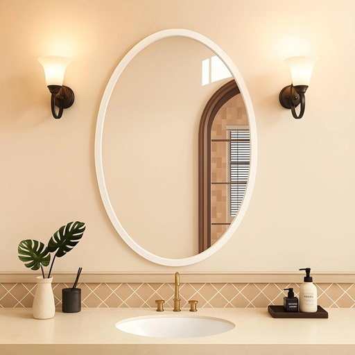 [TH-MIR-OVAL-8060-BL] Miroir Ovale 80x60 cm – Cadre MDF Stratifié Blanc