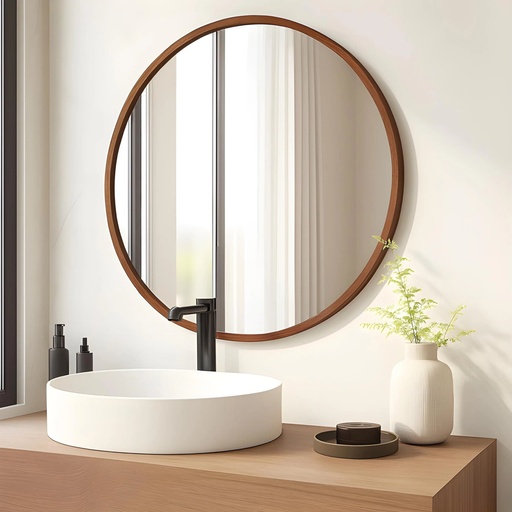 [MR70BR] Miroir Rond Mural – Cadre MDF Marron Stratifié (Ø 70 cm)