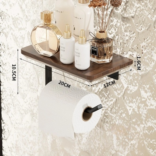 [TH-SPT-20] Support Papier Toilette avec Étagère Aluminium & Bois Effet Noyer