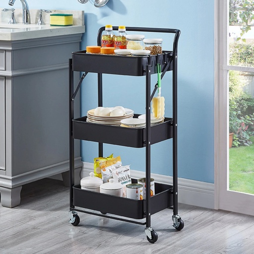 [TH-RANG-ROLLYX-NR] Chariot de Rangement Pliable ROLLYX 3 Niveaux – Métal Noir