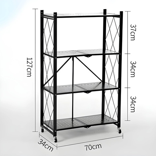 [TH-ETG-MET-127] Etagere Metallique Pliable 4 Niveaux avec Roues – Noir