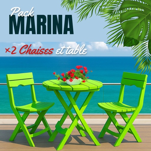 [TH-MARINA-GN] Pack Marina – Table + 2 Chaises (Vert)