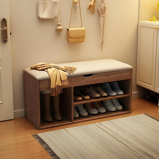 [BC-80-BEIGE] Banc Chaussures CozyBench – Couleur Bois Noyer / Assise Beige