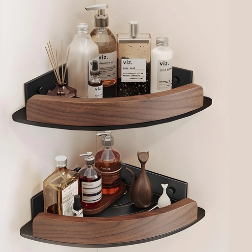 [TH-ETG-NY-02] Etagere Murale d’Angle – Bois Noyer & Aluminium Noir Mat (Paire)